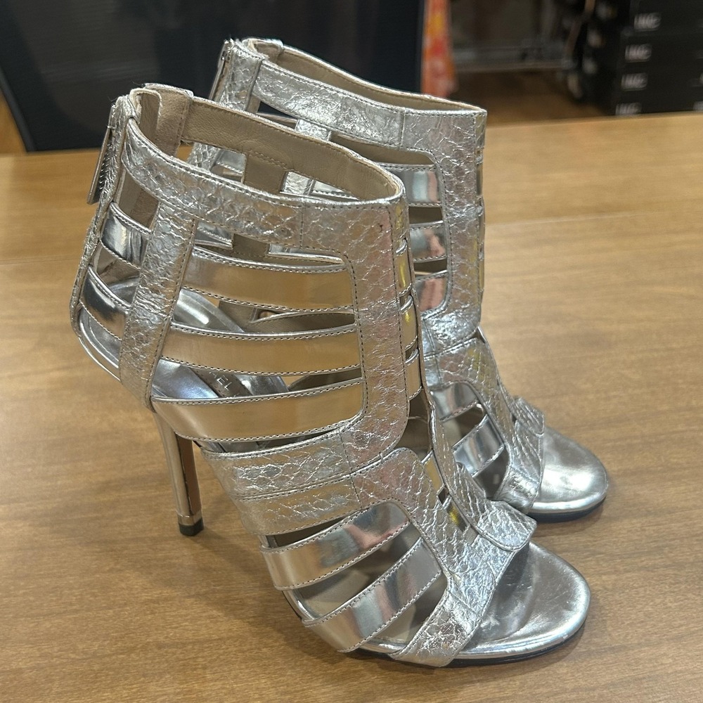 Michael Kors Sandals Womens Size 5 Silver Leather Strappy Caged Stiletto Heels - Picture 1 of 7